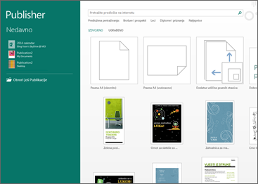 Snimka zaslona na kojoj se prikazuju predlošci na početnom zaslonu programa Publisher.