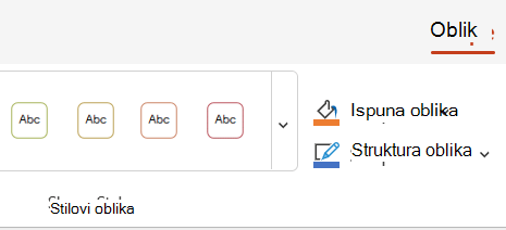Mogućnosti boja i stila na kartici Oblik.