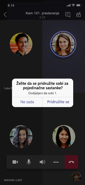 Dijaloški okvir Pridružite se sobi za pojedinačne sastanke na mobilnom uređaju.