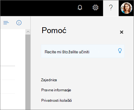 Snimka zaslona na kojoj se prikazuje okno pomoći servisa OneDrive.