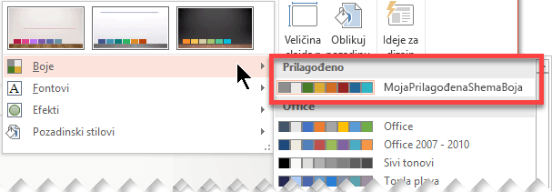 Kada definirate prilagođenu shemu boja, ona će se pojaviti na padajućem izborniku Boje