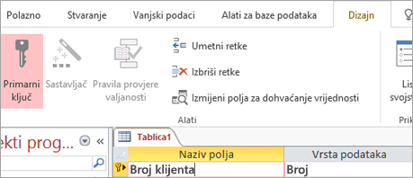 Odabir polja primarnog ključa u novoj tablici programa Access