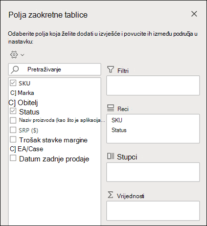 Polja zaokretne tablice u programu Excel za web