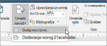 Pokažite na Umetni navod, a zatim odaberite Dodaj novi izvor