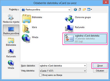 Odaberite vCard datoteku koju želite uvesti u .csv.