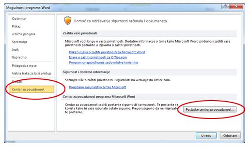 Mogućnosti programa Word koje pokazuju postavke centra za pouzdanost