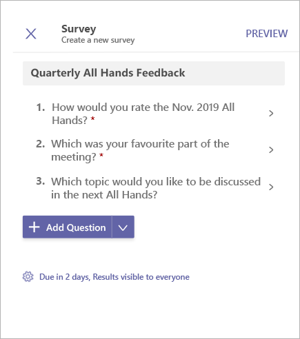 Pretpregled anketne ankete u aplikaciji Microsoft Teams