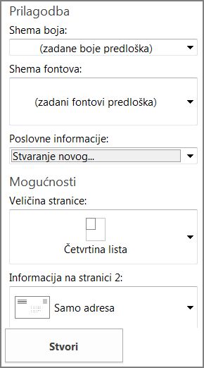 Mogućnosti predloška dopisnice za ugrađene predloške programa Publisher.