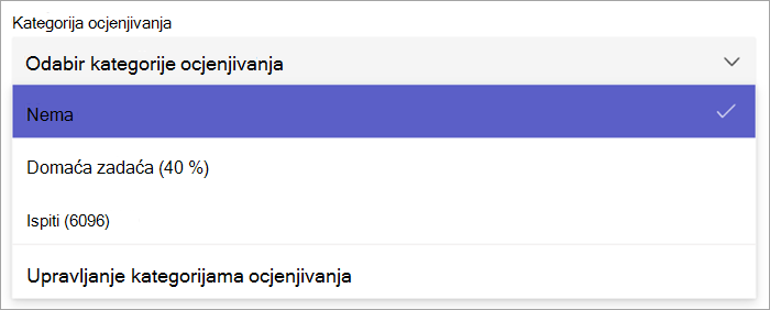 snimka zaslona padajućeg izbornika kategorije ocjenjivanja u stvaranju zadatka