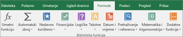 Kartica Formule programa Excel na vrpci