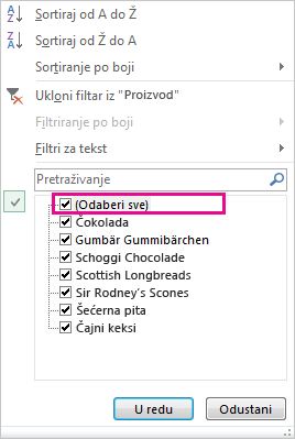 Okvir Odaberite sve u galeriji Sortiranje i filtriranje