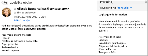 Ova je poruka prevedena s engleskog na francuski pomoću programa Outlook Translator Add-In