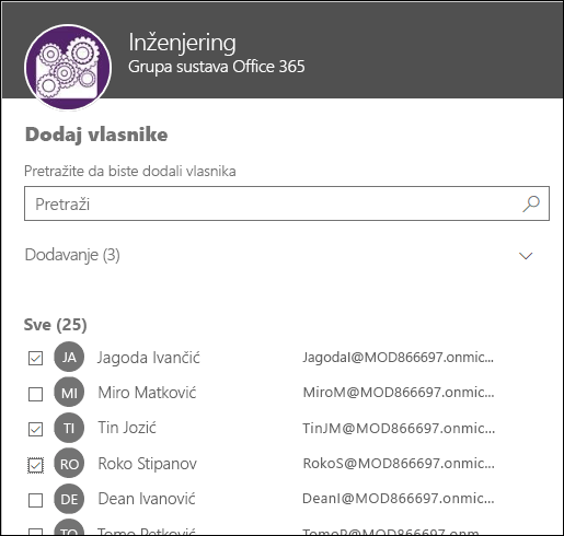 Pomoću ovog dijaloškog okvira odaberite najviše 10 vlasnika za upravljanje grupom