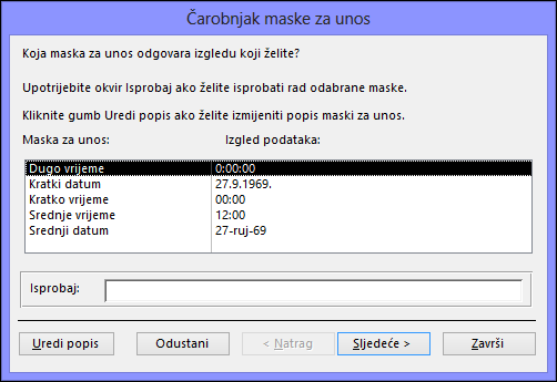 Čarobnjak za maske za unos u bazu podataka programa Access za stolna računala