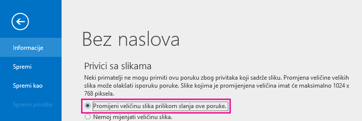 Klikom na tu mogućnost Outlook će prilikom slanja slika promijeniti njihovu veličinu.