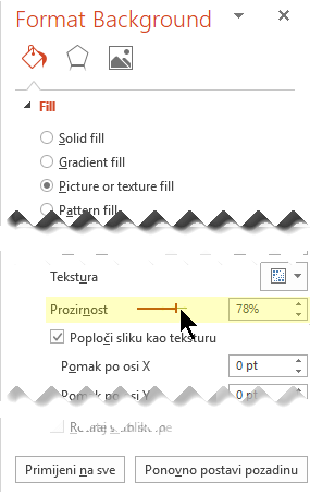 Za prilagodbu slike povucite klizač Prozirnost