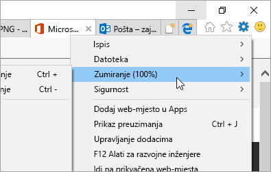 Snimka zaslona na kojoj se prikazuje izbornik Alati u pregledniku Internet Explorer