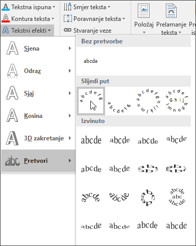 Odabir efekta zakrivljivanja teksta