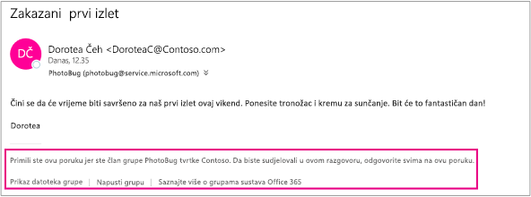 Sve poruke e-pošte koje gost primi od članova grupe imat će zaglavlje s uputama i vezama