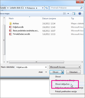 Dijaloški okvir Otvaranje u kojem se prikazuje prošireni padajući popis na gumbu Otvori, a pokazivač je na mogućnosti Otvori isključivo.