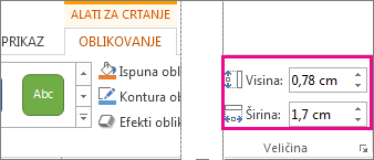 Okviri Visina i Širina na kartici Alati za crtanje | Oblikovanje