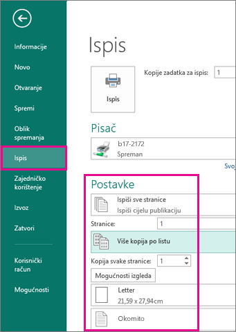 Click File, Print, to view settings for printing in Publisher 2013