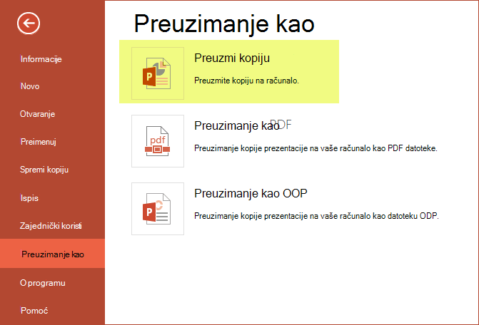 Spremanje prezentacije na računalo pomoću mogućnosti Preuzmi kopiju