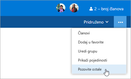 Snimka zaslona na kojoj se prikazuje gumb Pozovi druge na izborniku postavke grupe.