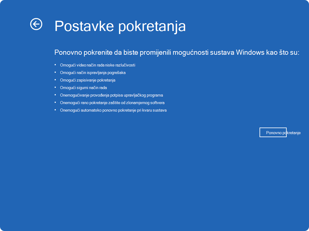 Snimka zaslona s postavkama pokretanja sustava Windows RE.