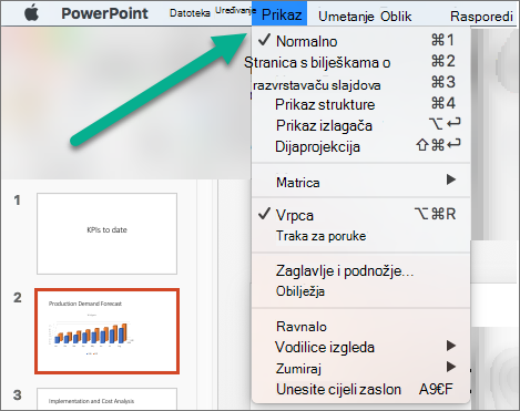 Izbornik Prikaz u programu PowerPoint