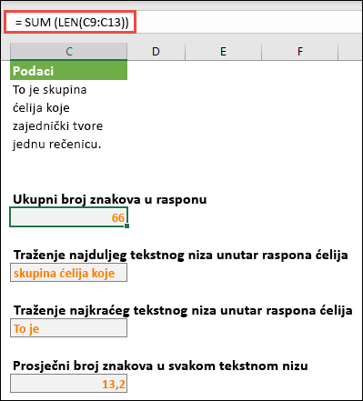 Prebrojite ukupan broj znakova u rasponu i drugih polja za rad s tekstualnim nizovima podataka