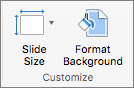 Snimka zaslona prikazuje grupu Prilagodba s mogućnostima za Veličinu slajda i Oblikovanje pozadine.