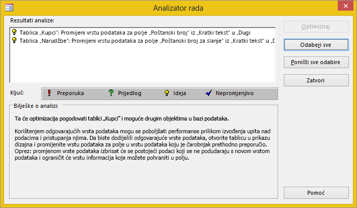 Dijaloški okvir s rezultatima analizatora rada nakon pokretanja na bazi podataka programa Access.