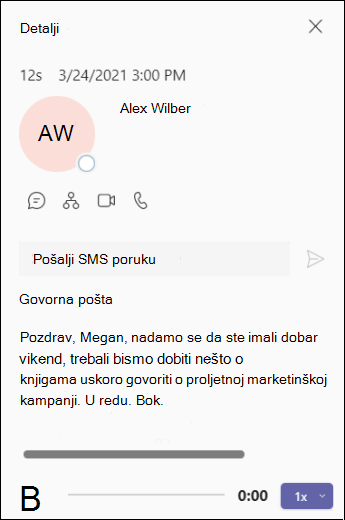 Zaslon s pojedinostima o govornoj pošti u aplikaciji Teams