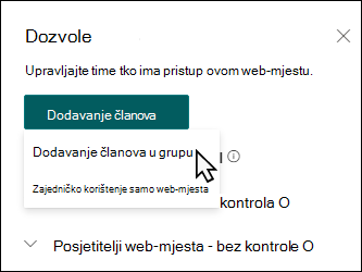 Pretpregled okna za dodavanje članova