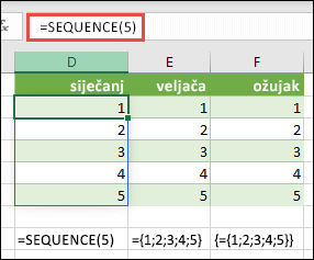 Stvori konstantu vodoravnog polja s formulom =SEQUENCE(5) ili {1;2;3;4;5}