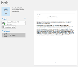 Ispis pretpregleda poruke e-pošte programa Outlook