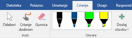 Olovke i alati za isticanje na kartici Crtanje u sustavu Office 2019