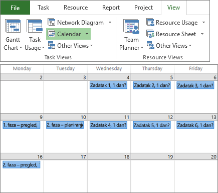 Kombinirana snimka zaslona na kojoj se prikazuju grupe Prikazi zadataka i Prikazi resursa na kartici Prikaz te plan projekta u prikazu kalendara.