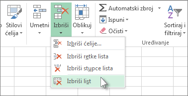 Kliknite strelicu ispod naredbe Izbriši, a zatim Izbriši list