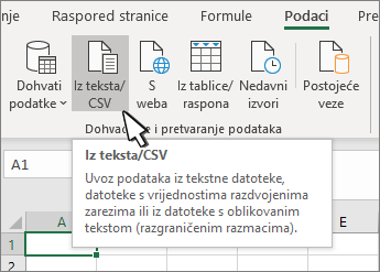 Odabir mogućnosti Tekst/CSV na kartici Podaci