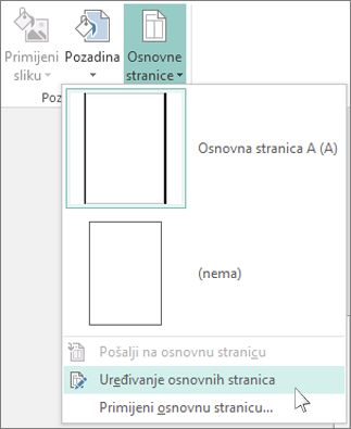 Snimka zaslona s padajućim popisom za uređivanje glavnih stranica u programu Publisher.