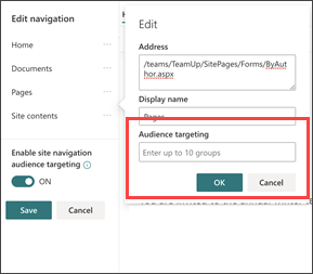 Navigational audience targeting dialog box to enter groups