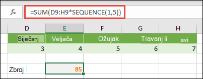 Korištenje konstanti polja u formulama polja. U ovom smo primjeru koristili =SUM(D9:H(*SEQUENCE(1;5))