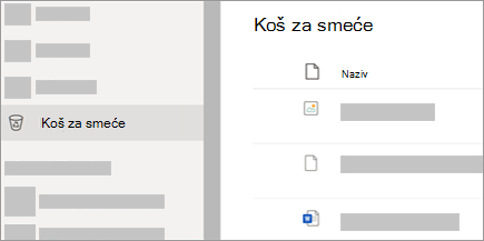 Snimka zaslona koja prikazuje karticu Koš za smeće na servisu OneDrive.com.