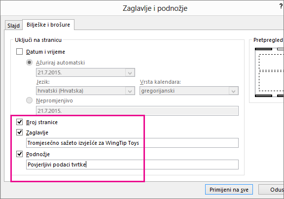 Prikaz dijaloškog okvira sa zaglavljem u programu PowerPoint