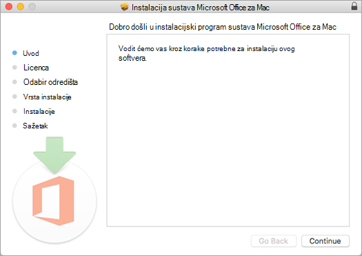 Prvi zaslon za instalaciju aplikacije za Mac 2016 s istaknutim "Nastavi"