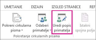 Snimka zaslona s karticom Skupna pisma u programu Word i istaknutom naredbom Uređivanje popisa primatelja.