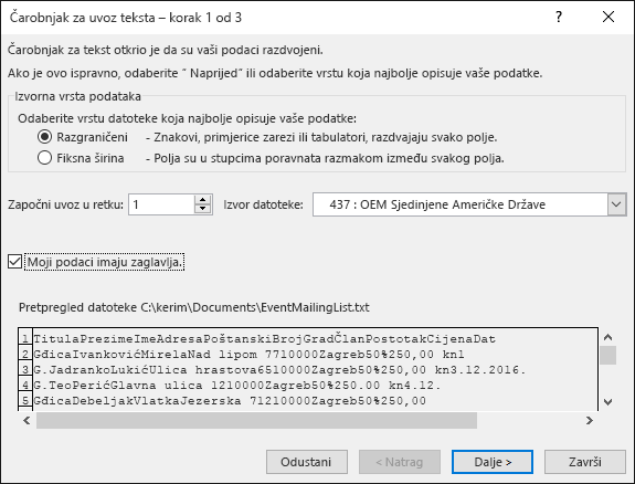 Excel – dohvaćanje vanjskih podataka iz teksta, čarobnjak za uvoz teksta, korak 1. od 3