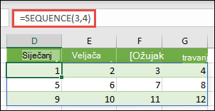 Stvaranje konstante polja s 3 retka s 4 stupca s formulom =SEQUENCE(3;4)